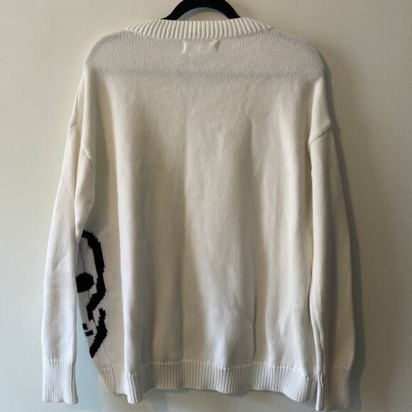 M Magaschoni White Crewneck Skull Front Graphic Sweater Ribbed Sz M 100% Cotton - Picture 3 of 8